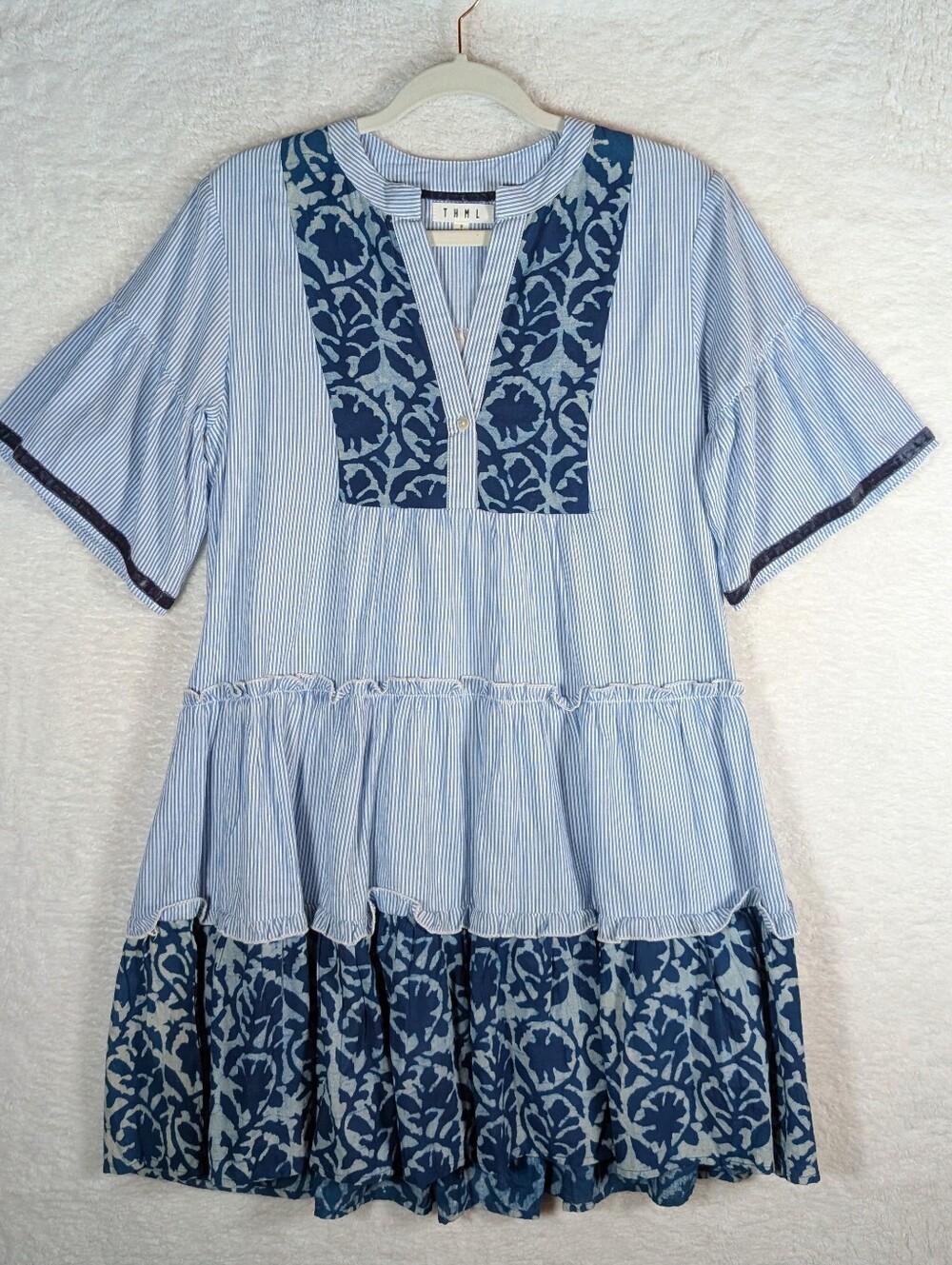 182-THML Blue & Navy Striped Tunic with Navy Floral Accents